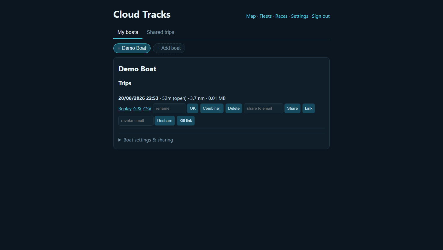Boats page: a boat's trip list with Replay/GPX/CSV/Share/Combine/Delete, and the sharing controls.