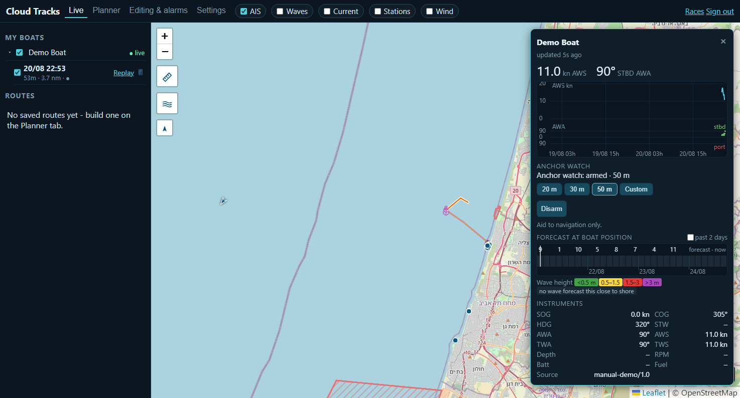 Live map: a boat's track and position, AIS traffic, and its wind window open with instruments and the armed anchor watch.