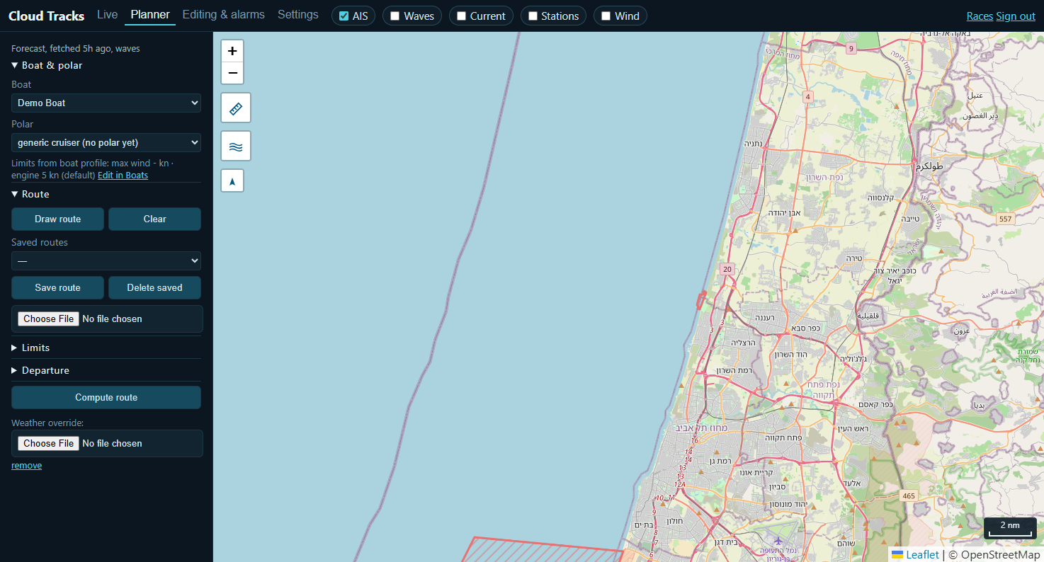 Planner tab: boat and polar selection, route drawing/computation, saved routes.