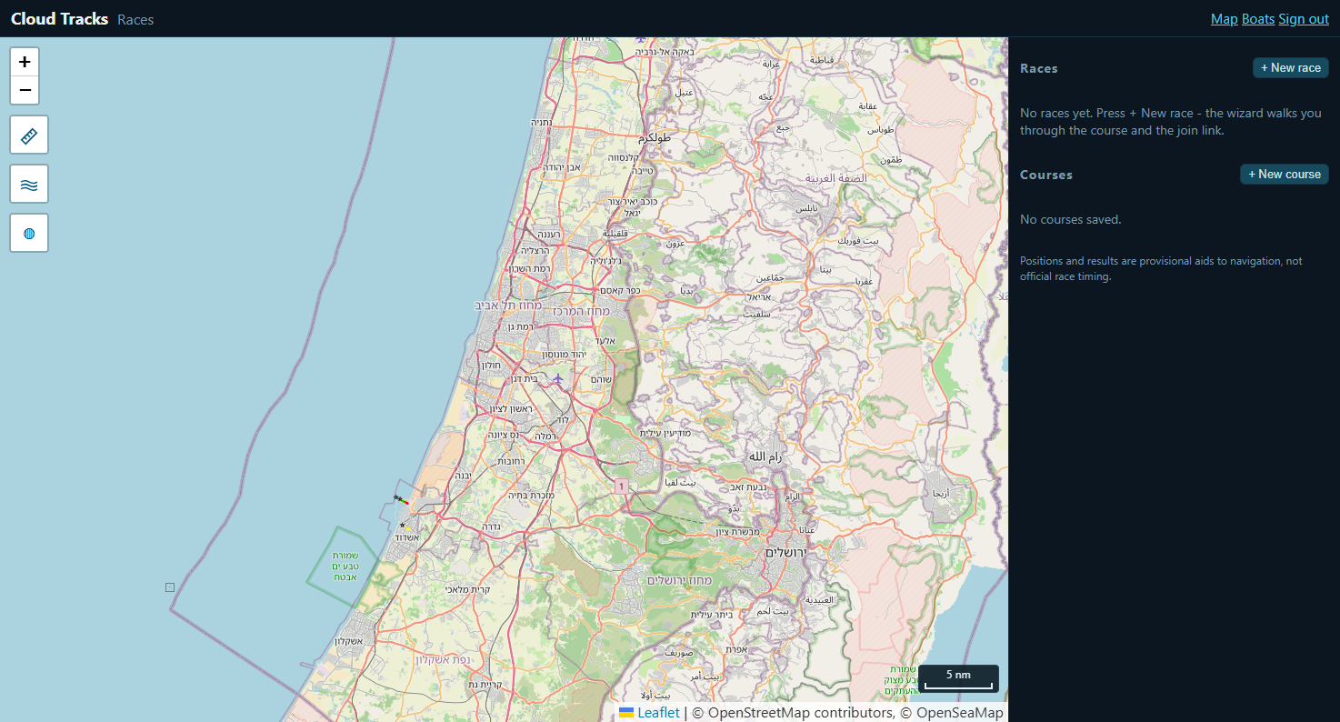 Races page: New race / New course entry points, empty state.