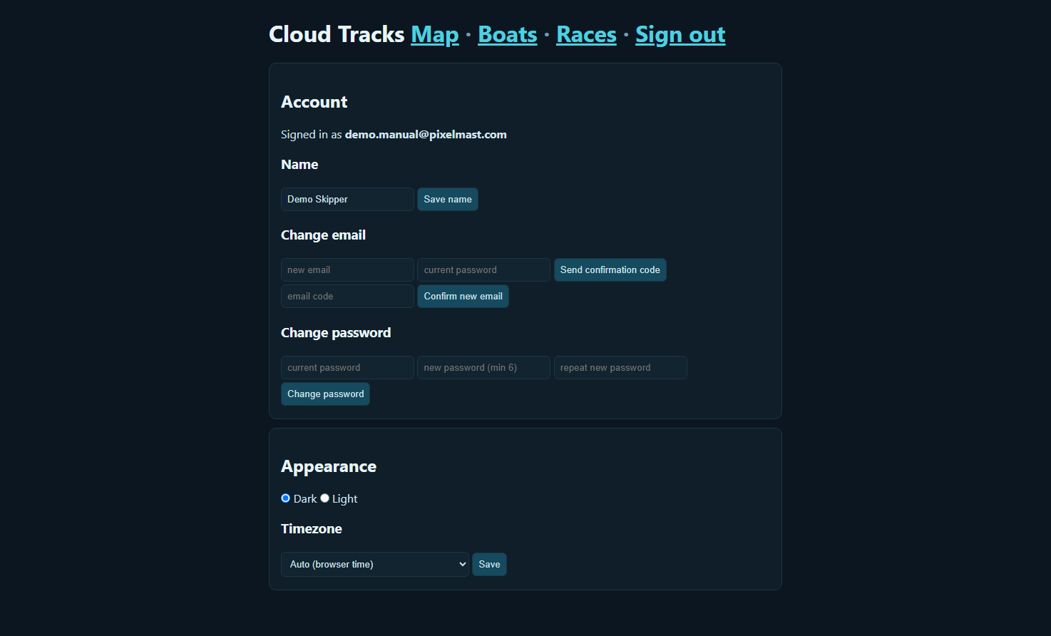 Settings page: account (name/email/password), appearance (dark/light) and timezone.