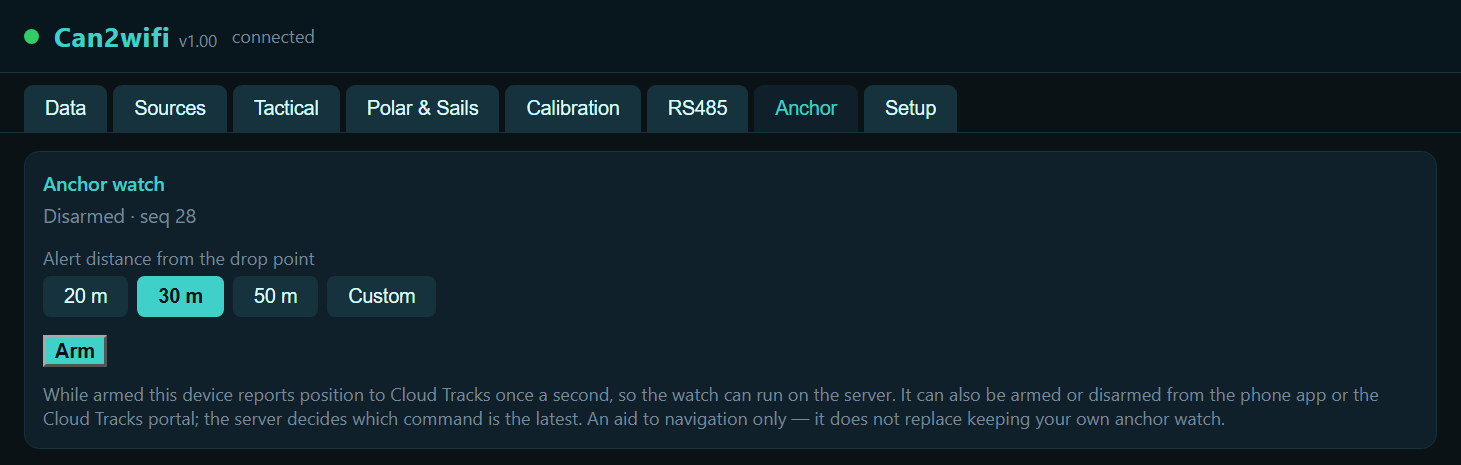 Anchor tab: distance presets (20/30/50 m) plus custom entry, and the Arm button.