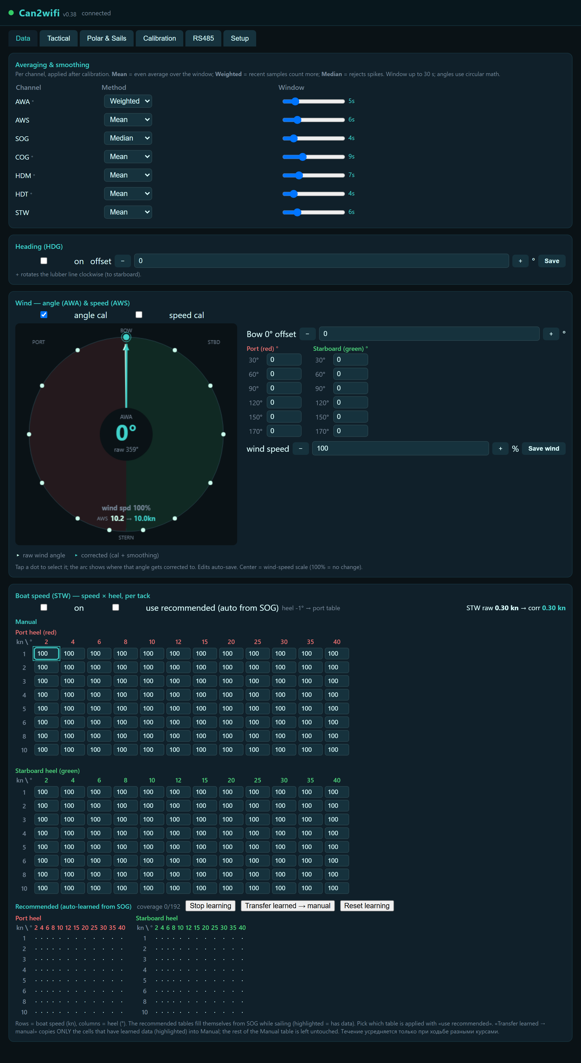 Calibration tab: smoothing, heading offset, wind-vane curve editor with the live dial, and the STW speed × heel grid with self-learning.
