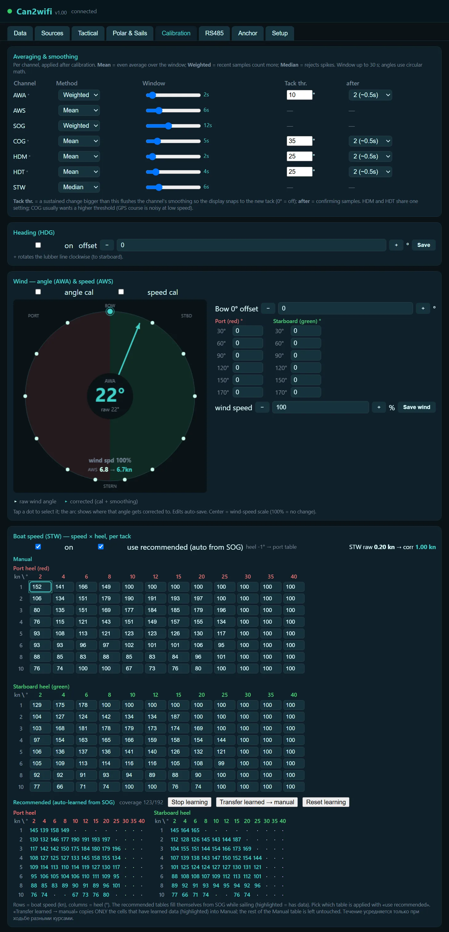 Calibration tab: smoothing, heading offset, wind-vane curve editor with the live dial, and the STW speed × heel grid with self-learning.