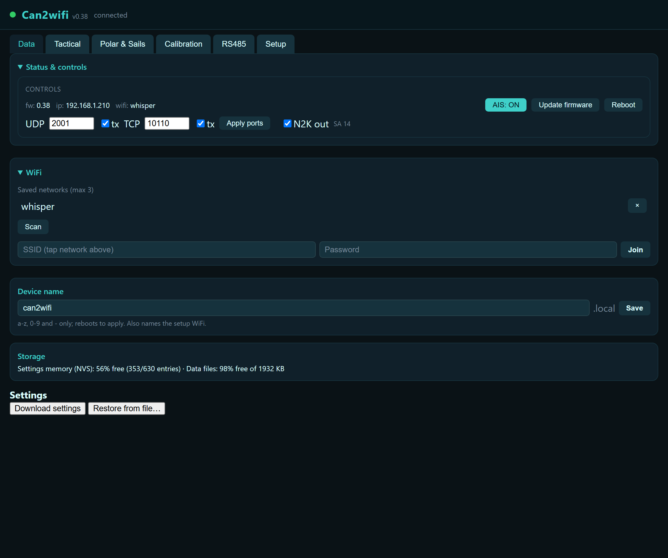 Setup tab: status & controls, ports, WiFi networks, device name, storage health, settings backup.