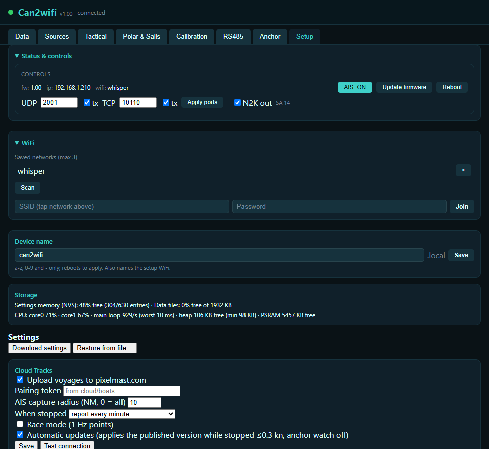 Setup tab: status & controls, ports, WiFi networks, device name, storage health, settings backup.