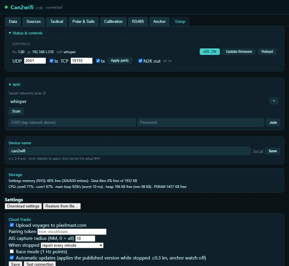 Setup tab: status & controls, ports, WiFi networks, device name, storage health, settings backup.
